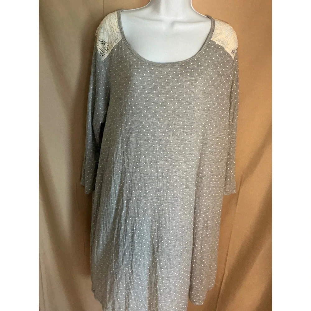 Rene Rofe Nightgown Womens XL Grey Polka Dot Good Lace Accent Sleep Shirt 518083